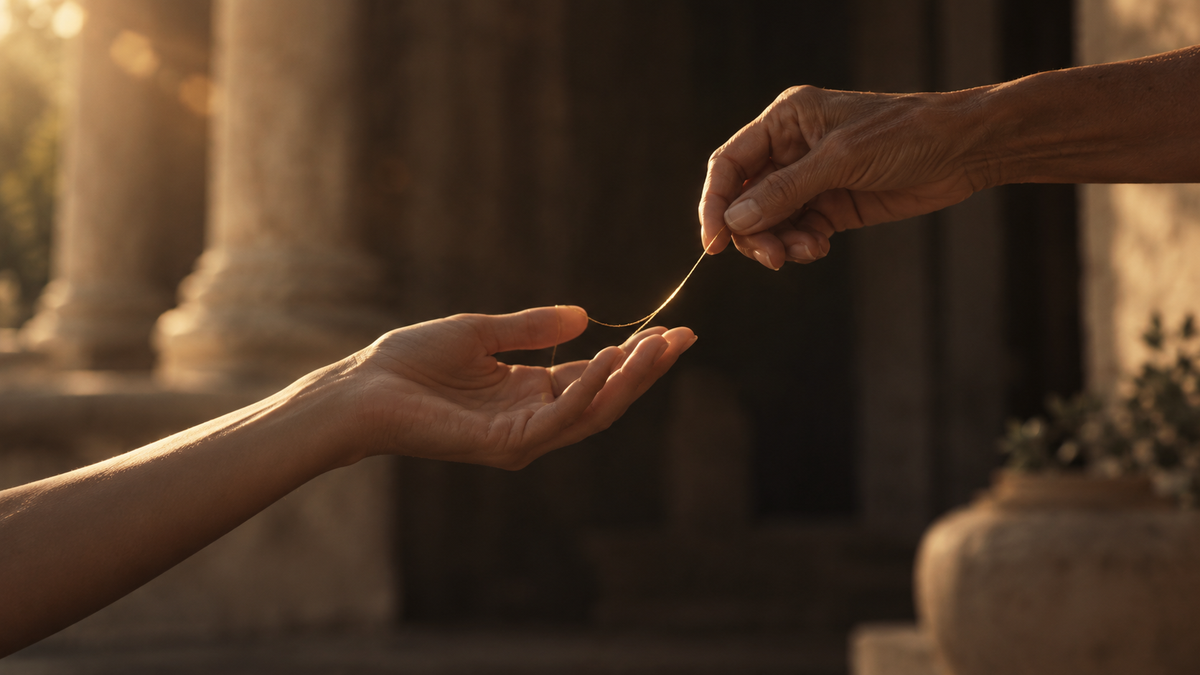 A golden thread passed between two hands