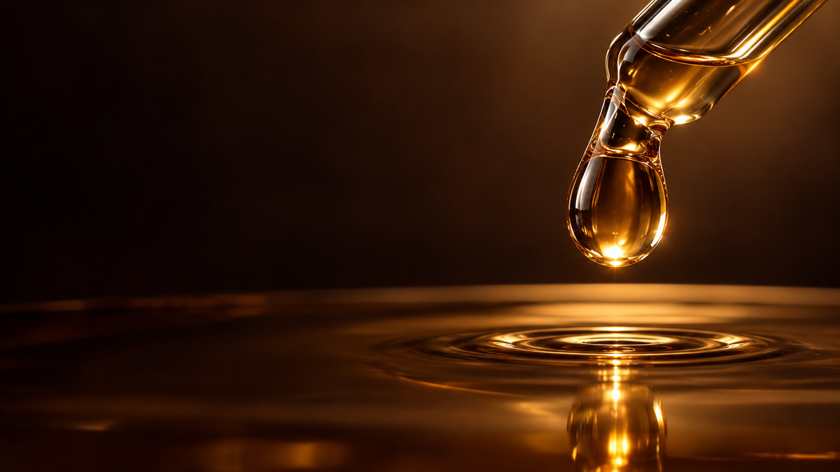 An amber droplet above rippling liquid