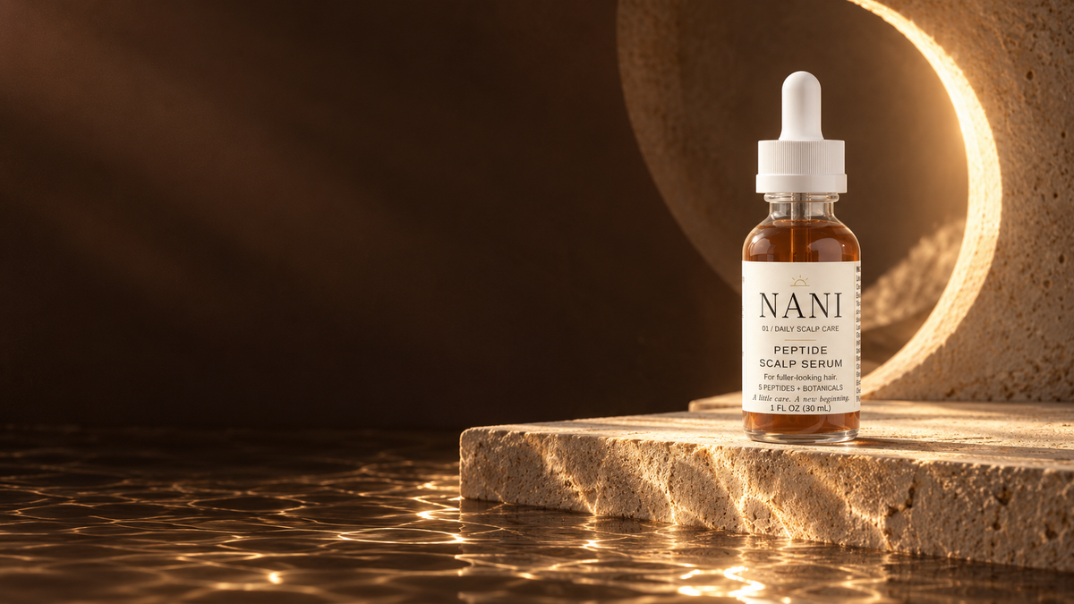 NANI 01 Peptide Scalp Serum in warm morning light