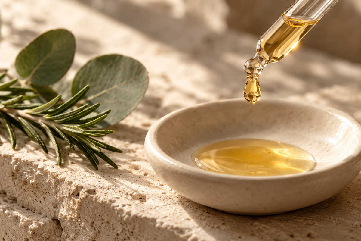 Amber serum in a glass dropper beside rosemary and eucalyptus