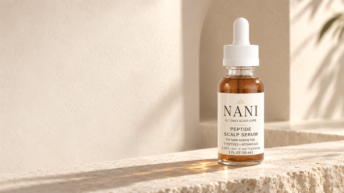 NANI 01 Peptide Scalp Serum in warm morning light